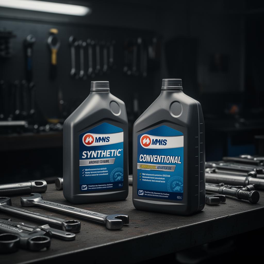 Synthetic and conventional motor oil bottles side by side in Tipp City auto shop