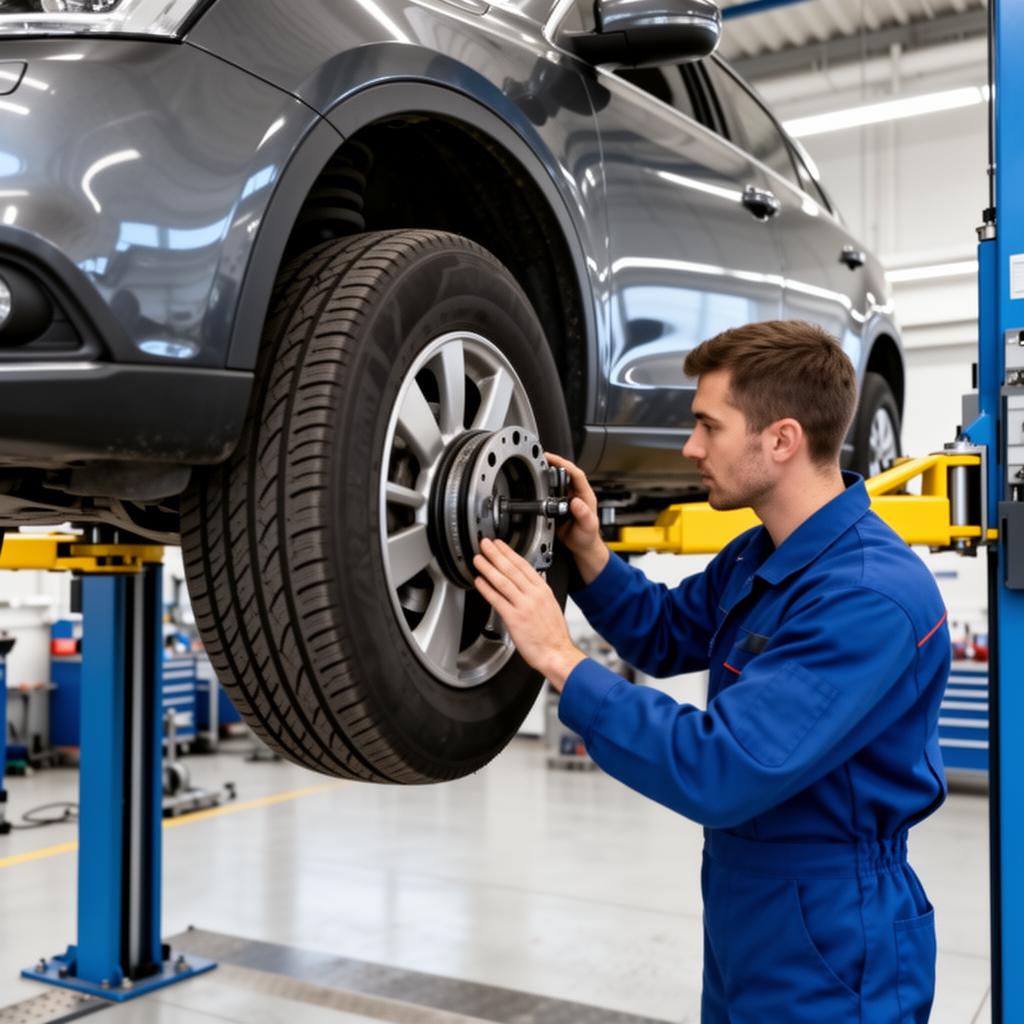 Mechanic checking tire alignment during spring maintenance in Tipp City, OH