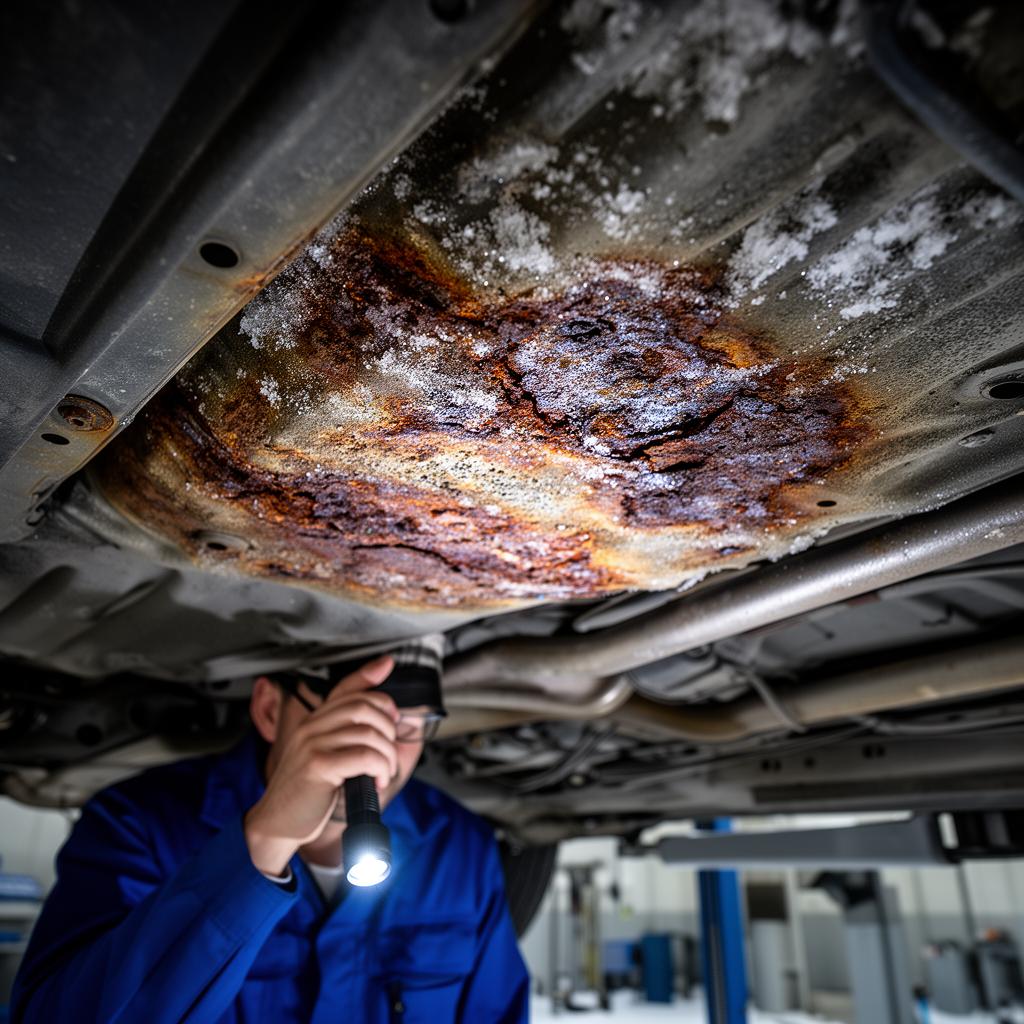 Undercarriage rust inspection after Ohio winter at Warrior Racing & Automotive