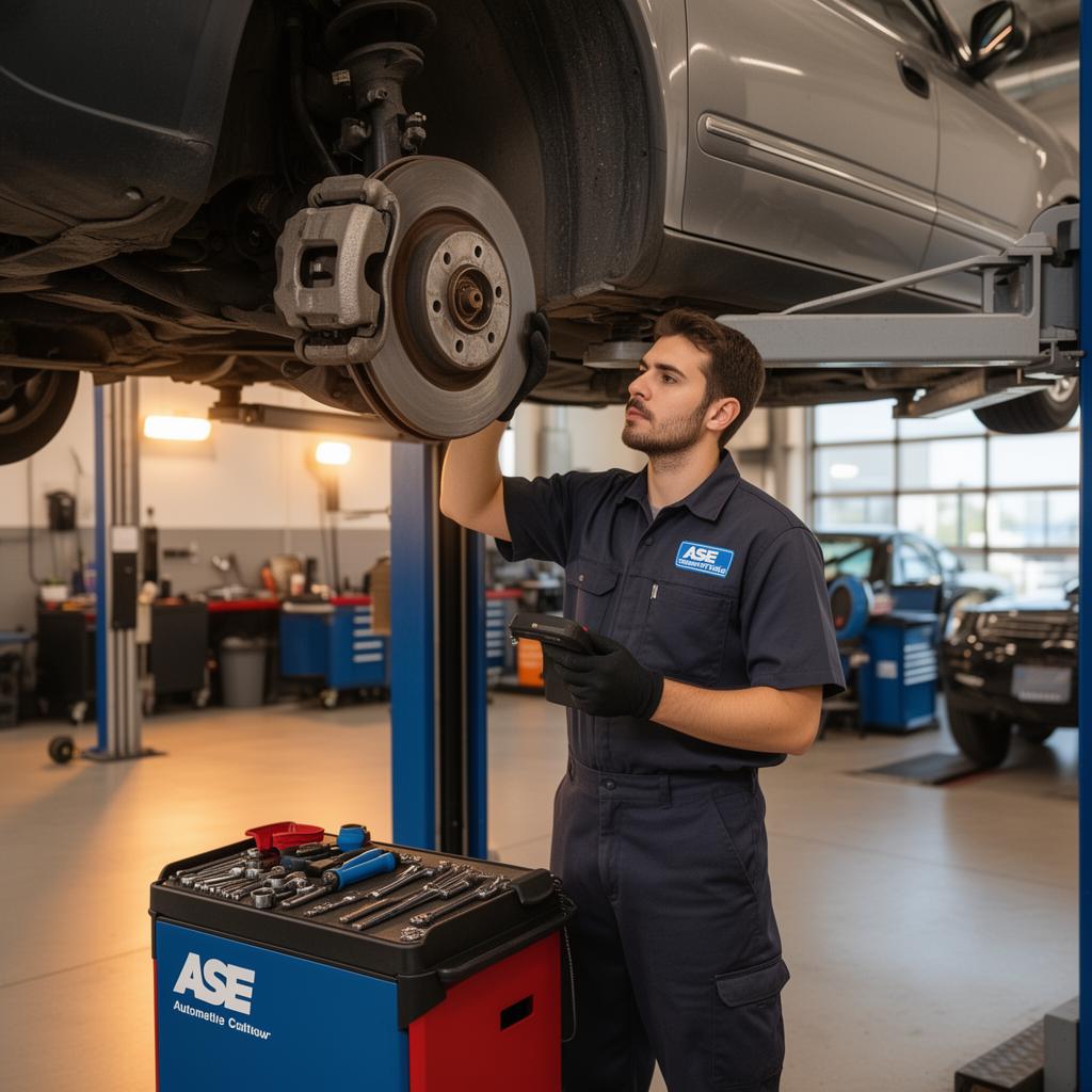 ASE-certified technician performing brake inspection in Miami Valley